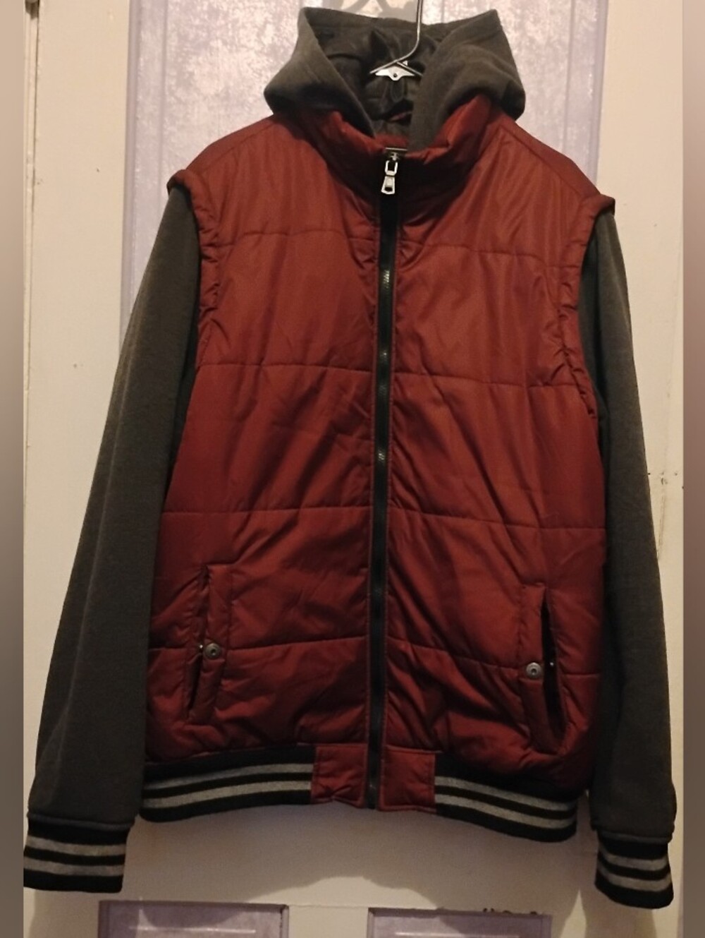 Quilted Red Hooded Bomber Jacket with Contrast Charcoal Sleeves